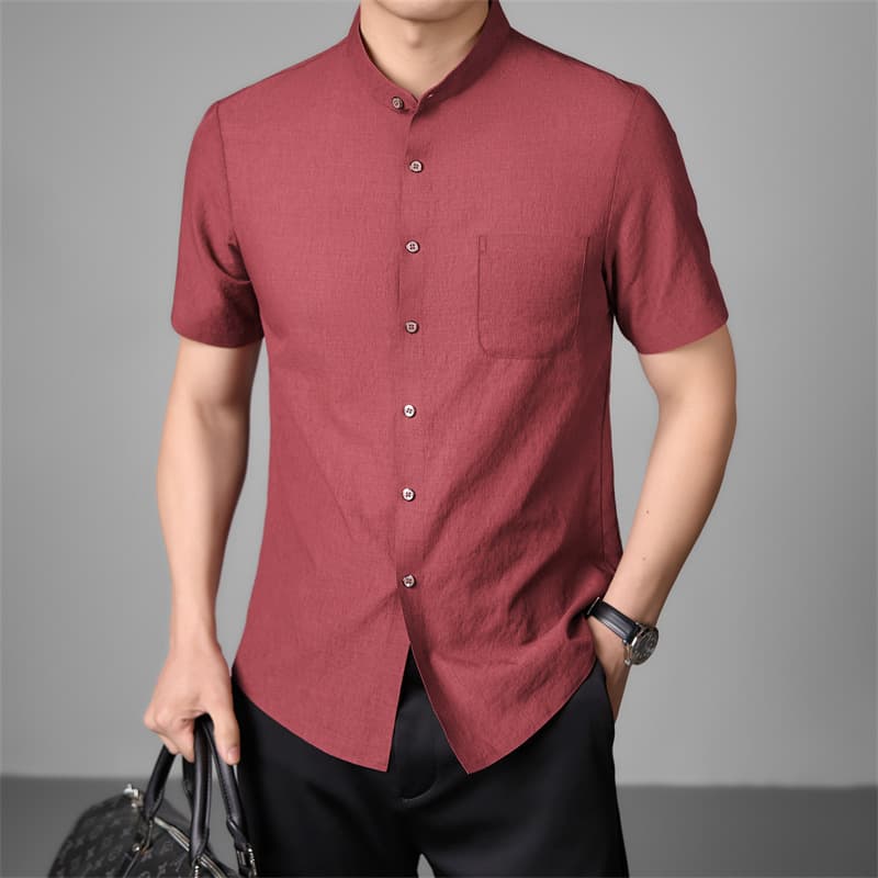 Summer Stand Collar Short Sleeve Shirt Men New Chinese Style Business Casual Linen Real Pocket Top Father's Wedding Shirt