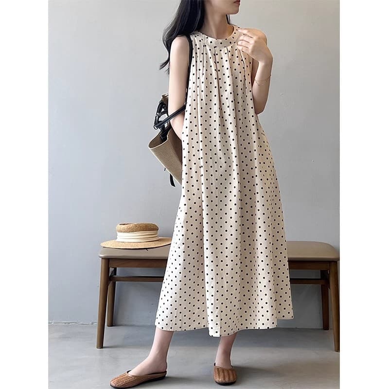 3643 Sleeveless Halter Polka Dot Linen Vest Dress Women Long Dress Naples Light Color Old Money Style Dress