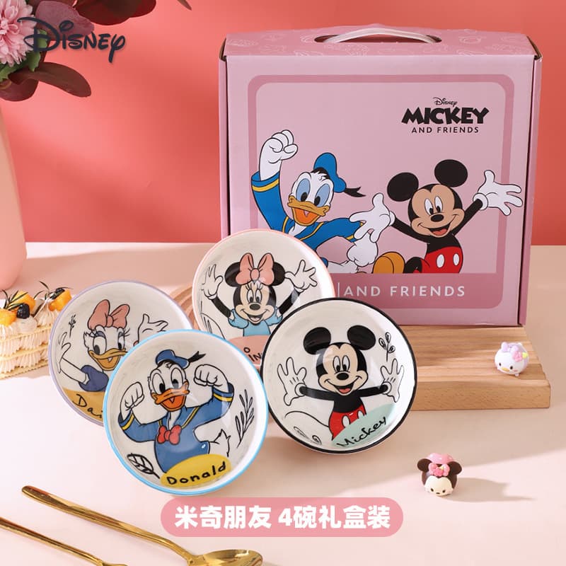 Cartoon Mickey Ceramic Vertical Stripe Rice Bowl 4.5 Inch Set of 4 Tableware Gift Set High Appearance