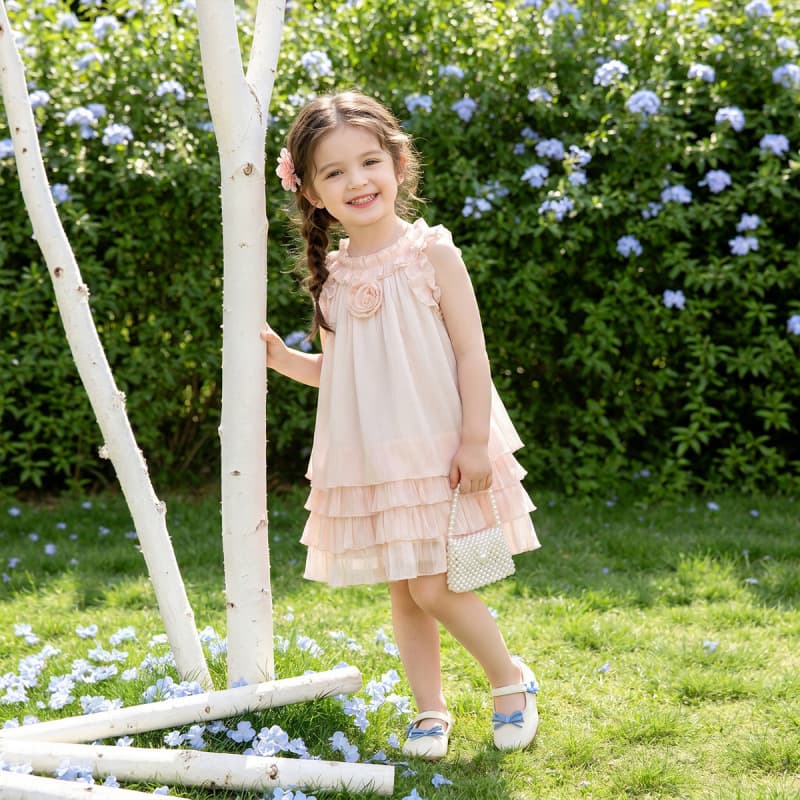 2026 Korean version of summer new style baby girls temperament and fashionable pearl yarn rose halter neck cake dress