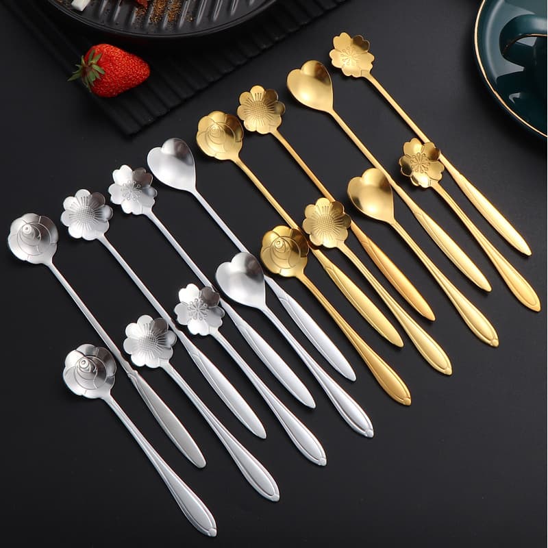 Stainless steel cherry blossom spoons, creative leaf-shaped spoon forks, coffee stirring spoons, flower spoons, dessert and bird's nest spoon forks, gift small spoons.