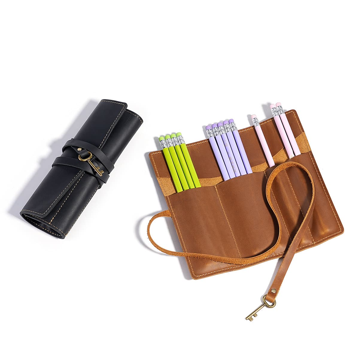 New handmade paintbrush, pencil, and fountain pen storage bag, top-grain cowhide casual pencil case, multi-functional pen curtain, genuine leather.