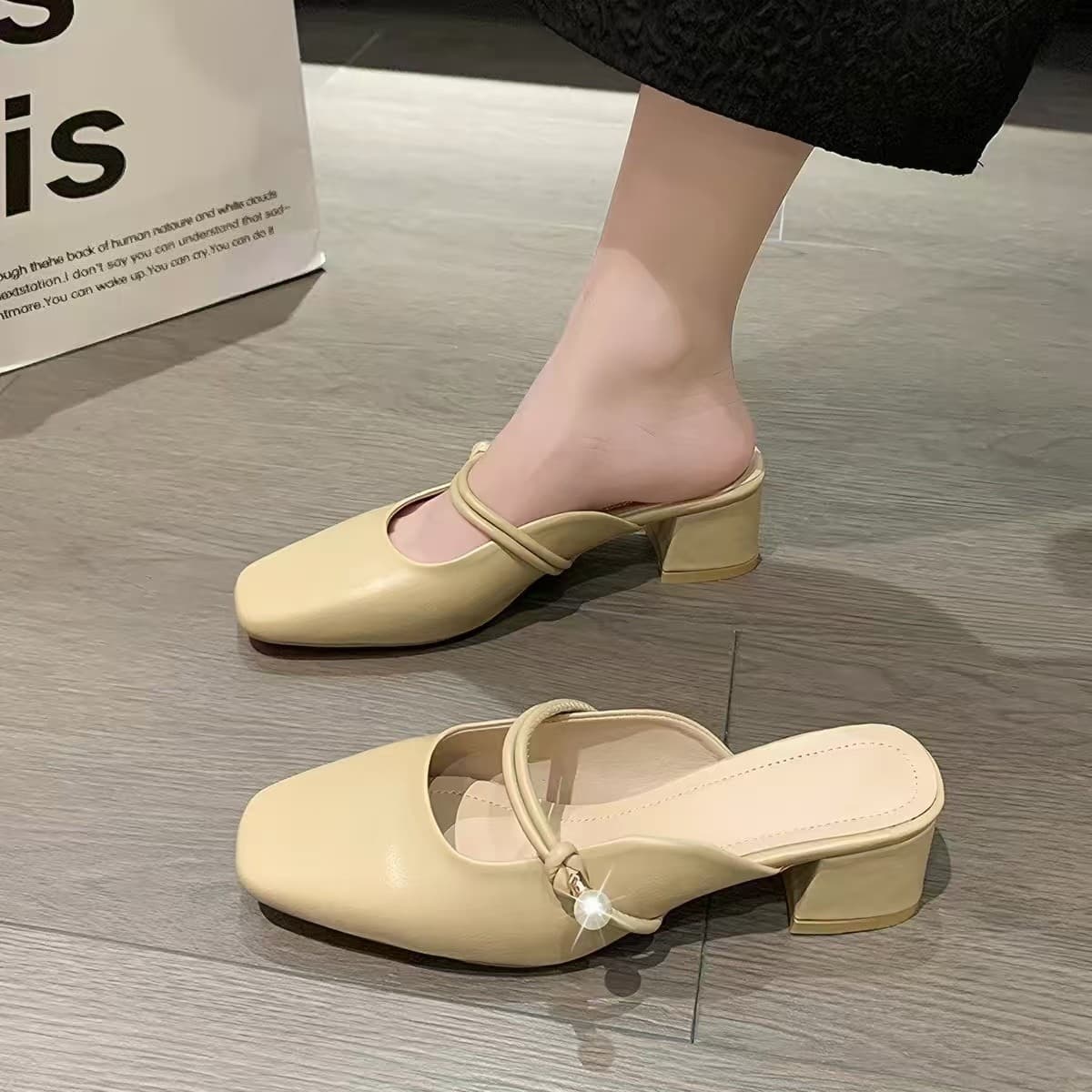 2026 Summer New Korean Style Square-Toe Chunky Heel Mule High-Heeled Sandals for Women, Closed-Toe Half Slippers for Summer Outdoor Wear