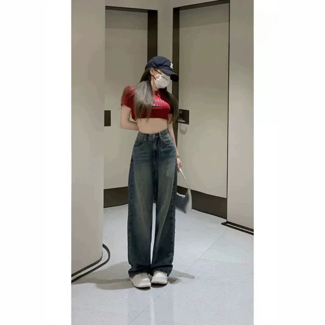 Vintage Blue Wide Leg Jeans for Women Autumn Winter Plus Size Fat mm Loose High Waist Versatile Casual Straight Leg Floor-Length Pants