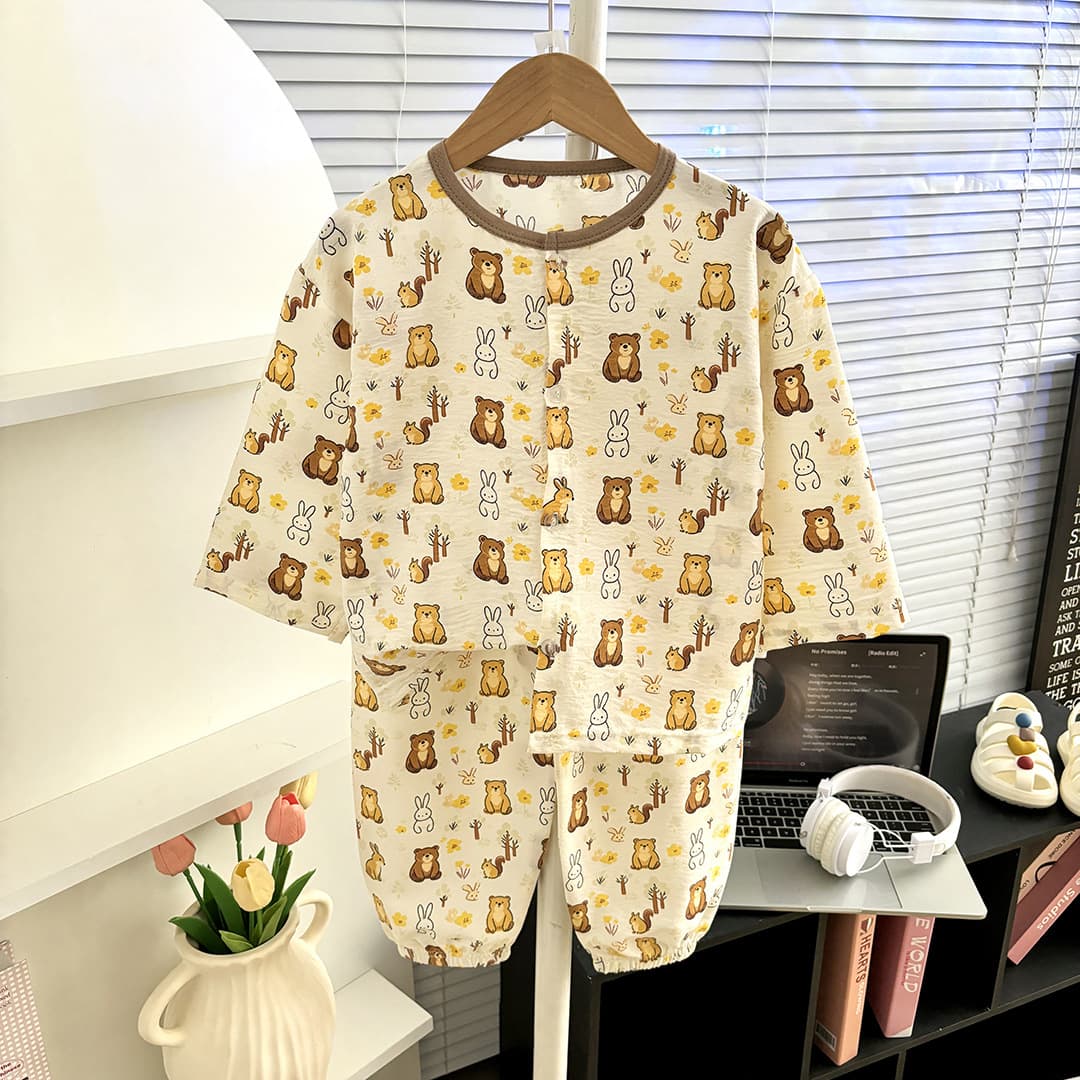 Summer Children's Homewear Set for Boys and Girls, Spring/Summer Cardigan with 7-Sleeve, Baby Pajama Top and Pants Two-Piece Set