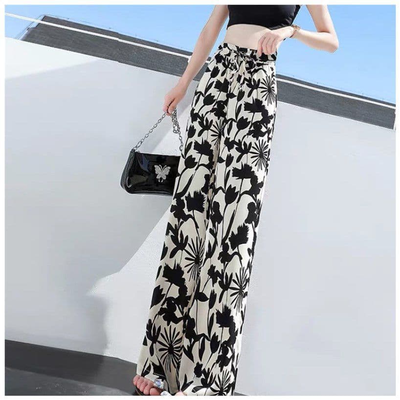 Tie-Dye Straight-Leg Wide-Leg Pants for Women Summer High-Waist Loose Draping Floral Ice Silk Floor-Length Throw Pants Casual Suit Pants