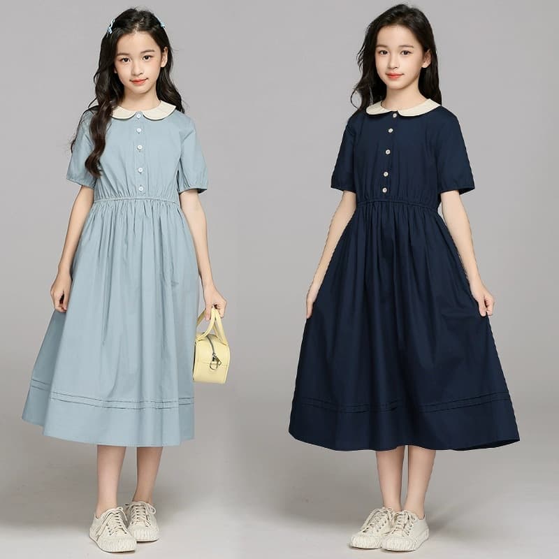 Girly Big Boy Doll Collar Short-Sleeve Long Dress, Summer Casual Girls' Collegiate Dress, Waist-Cinching Elegant Princess Dress