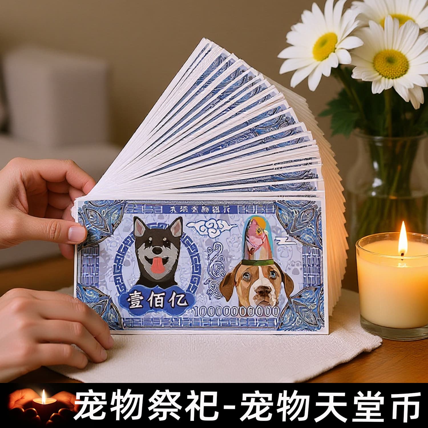 Pet memorial supplies for dogs and cats, including paper money for the first seven days, third seven days, anniversaries, and paper offerings for the afterlife.