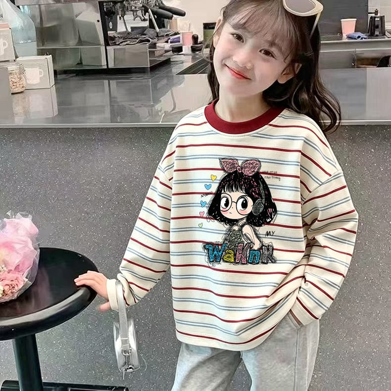 Girls' Long-Sleeve T-Shirt 2026 New Round-Neck Spring and Autumn Striped Base Layer Top Stylish Kids' Clothing Girls' Pullover Top Trendy Tee
