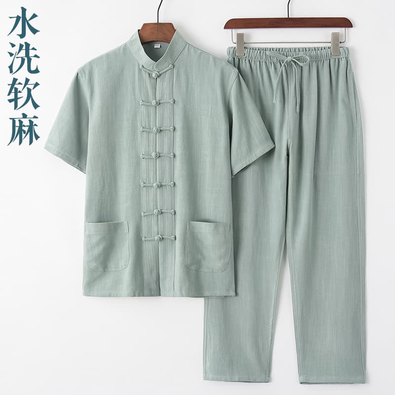 Summer Tang suit men's short-sleeve cotton-linen set Chinese style Chinese retro middle-aged and elderly men's clothing frog-button clothes Hanfu