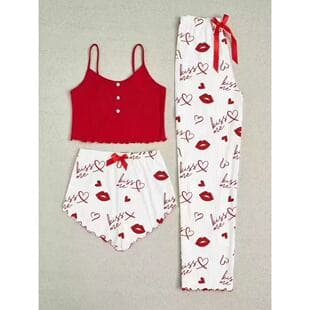 Export New Loungewear Love Print Button Pajamas Women Cross-Border Camisole Long Pants Ribbed Three-Piece Set Wholesale