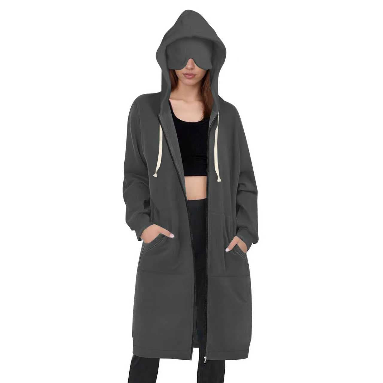 AliExpress eBay Amazon Autumn Winter Women's Hooded Long Sleeve Mid-Length Sweatshirt Fleece Long Coat with Eye Mask