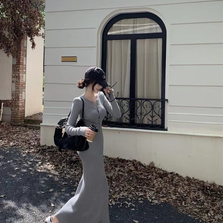 Autumn Winter Sexy Knitted Long Sleeve Dress Women's Slimming Fish Tail Dress Yellow Waist Cinched Bodycon Skirt V Neck Ankle Le
