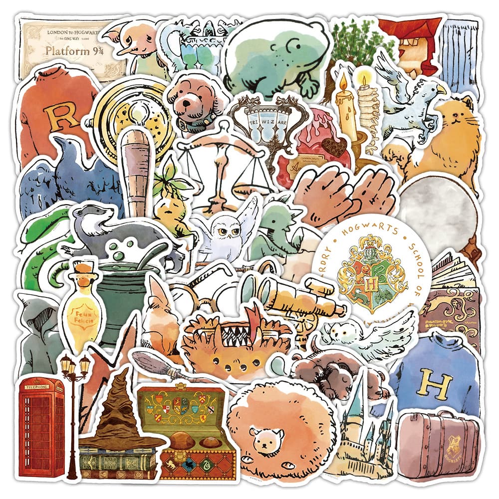 50 Watercolor Hogwarts Stickers Retro Small Item Decoration Notebook Helmet Refrigerator Waterproof Stickers Wholesale