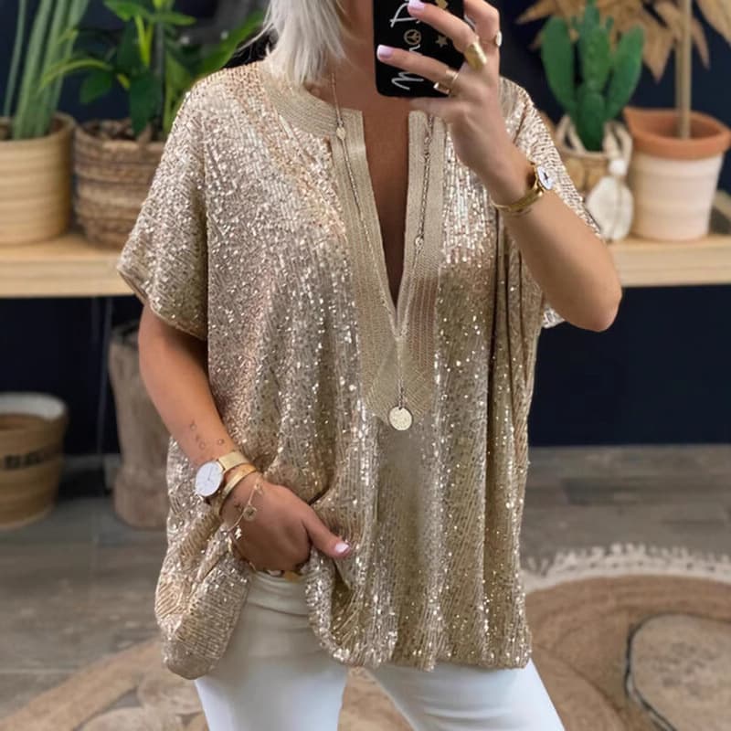 Ready Stock 0312 #   Amazon European and American New Loose Sequined V Neck Short-Sleeved Casual Shirt