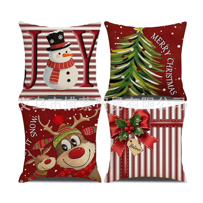 Cross-border Christmas Pillow Thanksgiving Linen Short Plush Printed Cushion Backrest Christmas Pillow Cover