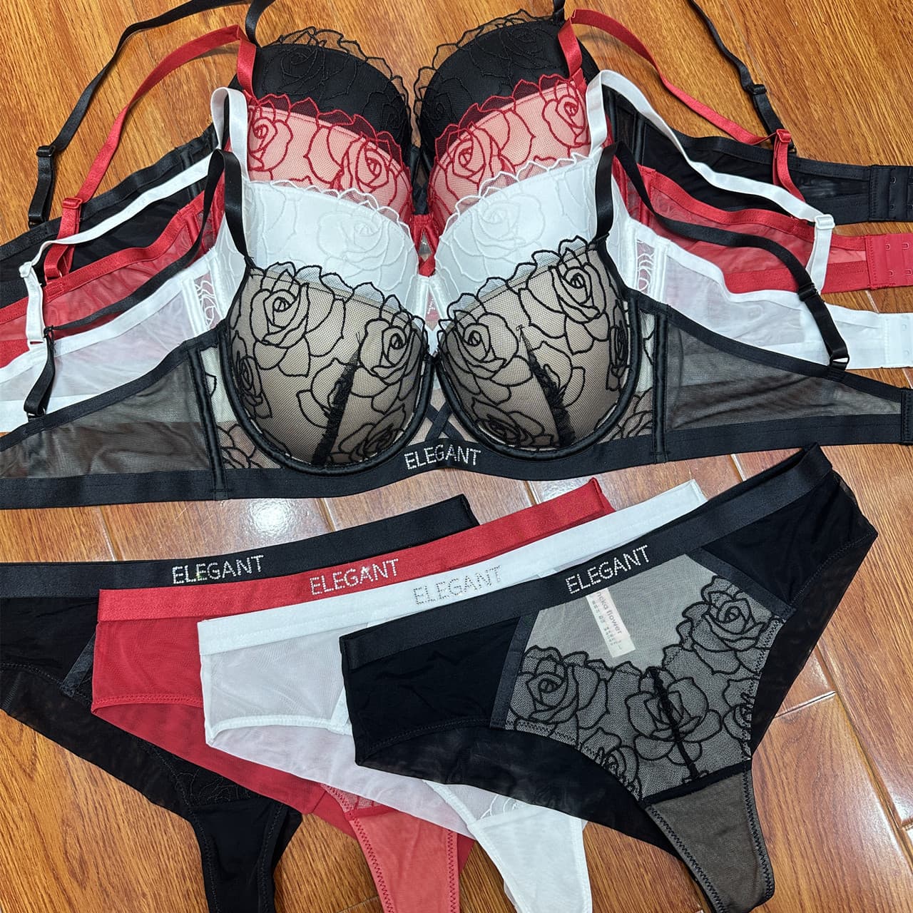 European and American style rose embroidery push-up bra set with thin upper and thick lower padding, export quality Push up bra