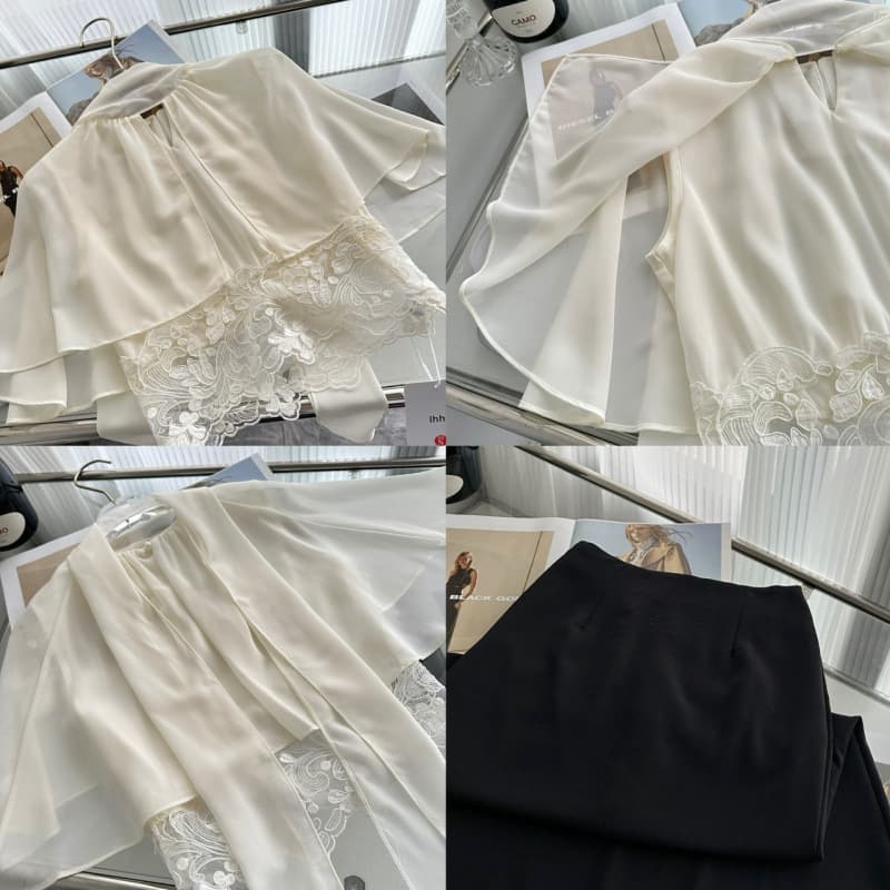 Muzili Li Gentle Elegant Short Sleeveless Fitted Waist Lace Trim Chiffon Top and Skirt Set