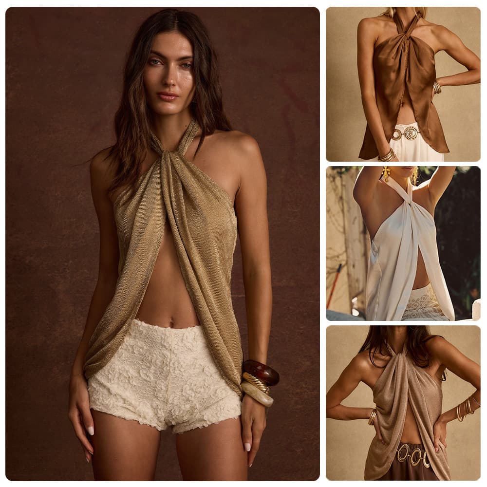 European and American new style retro gold shiny silk halterneck twist top for women, front hollow drape sleeveless vest