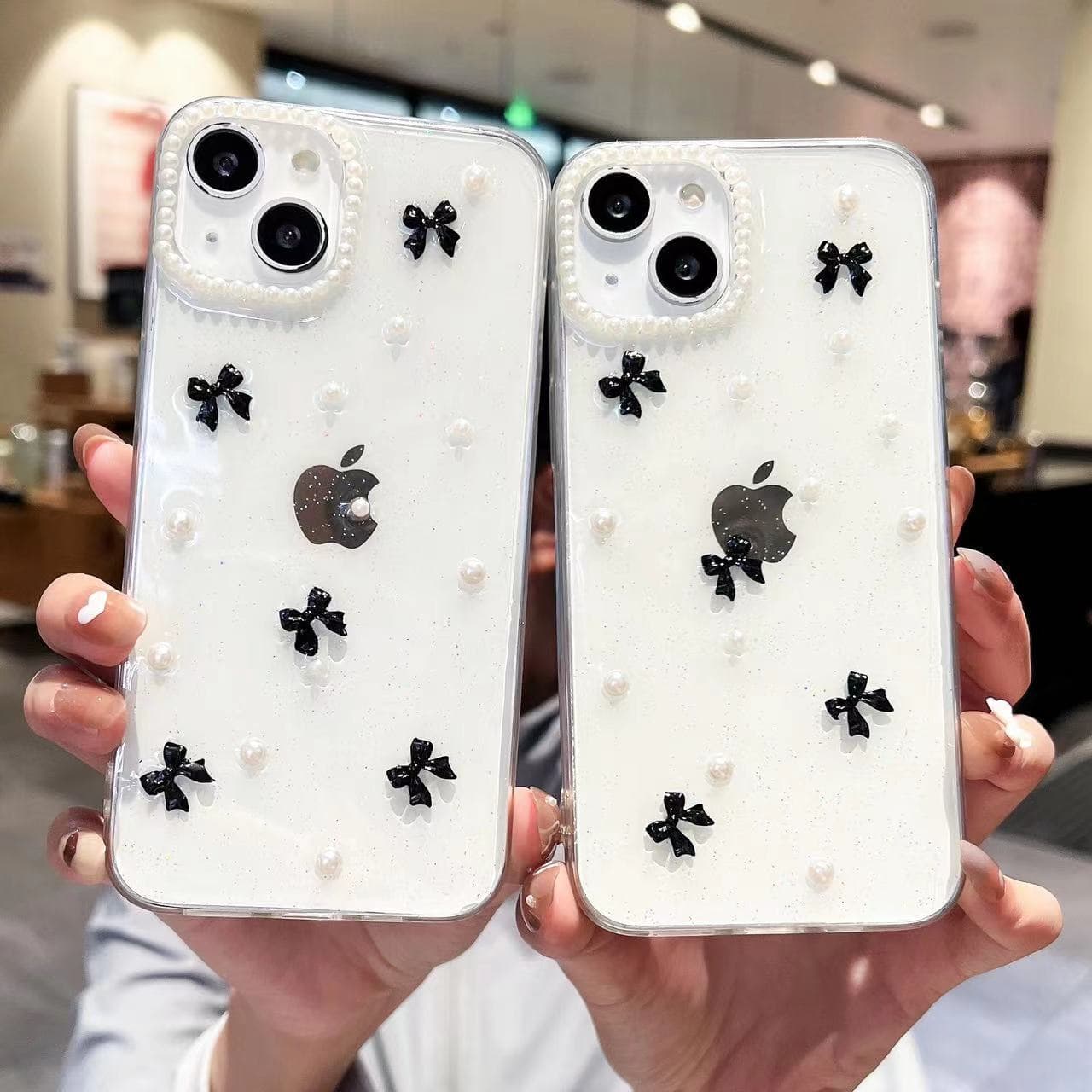 Transparent 3D Black and White Butterfly iPhone 15 Small Pearl Phone Protective Case, MATE60PRO Fashion Model