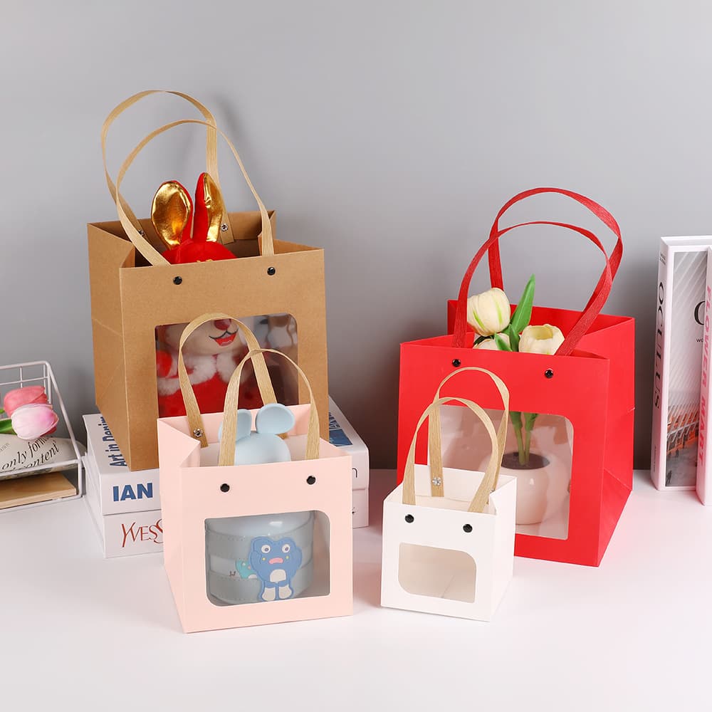 Gift Box Tote Bag, Transparent Kraft Paper Window Smiley Gift Bag, Baking Packaging, Flower Paper Bag, In Stock