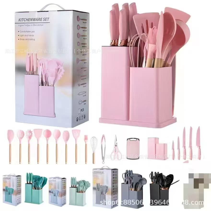 Customized Silicone Kitchenware 19-Piece Set Kitchen High Temperature Resistant Non-Stick Cooking Spatula Spoon Knife Set with Storage Bucket