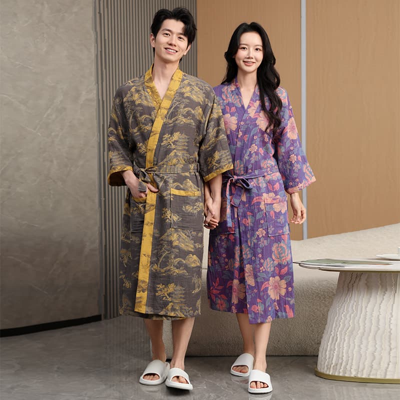 Double-layer gauze thin bathrobe, Chinese style retro summer cotton nightgown, men and women can wear it to sleep, absorbent bathrobe, cross-border dropshipping