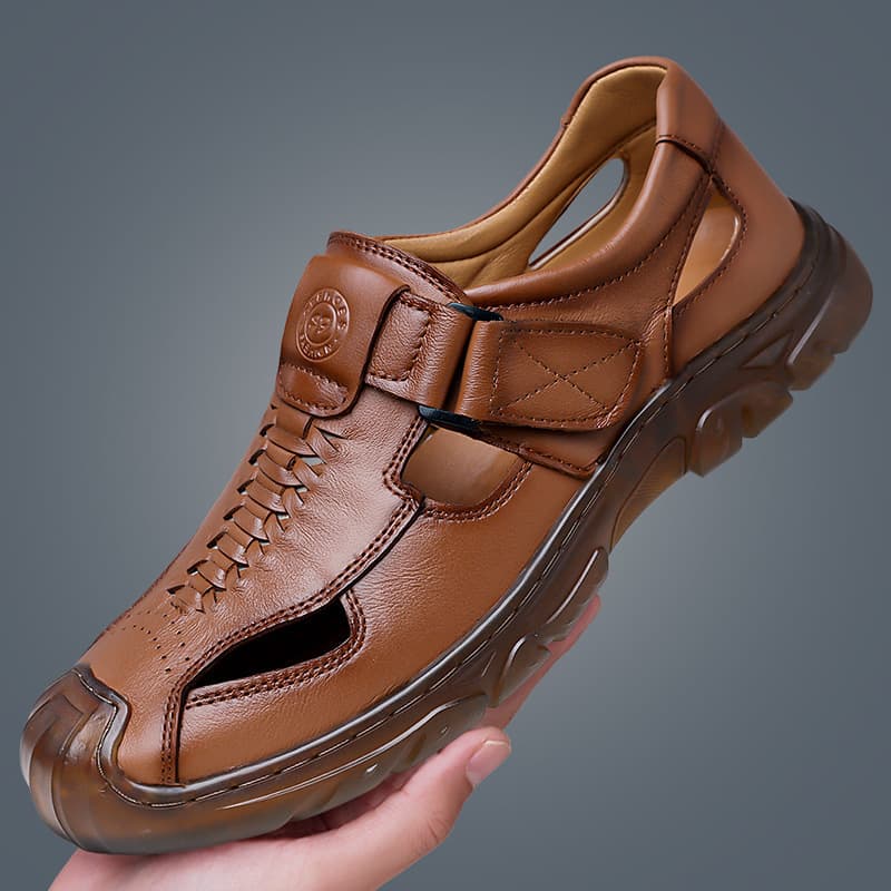 Men's Leather Sandals with Velcro 2026 Summer New Style Men's Perforated Breathable Sandals Trendy Anti-slip Men's Leather Sandals