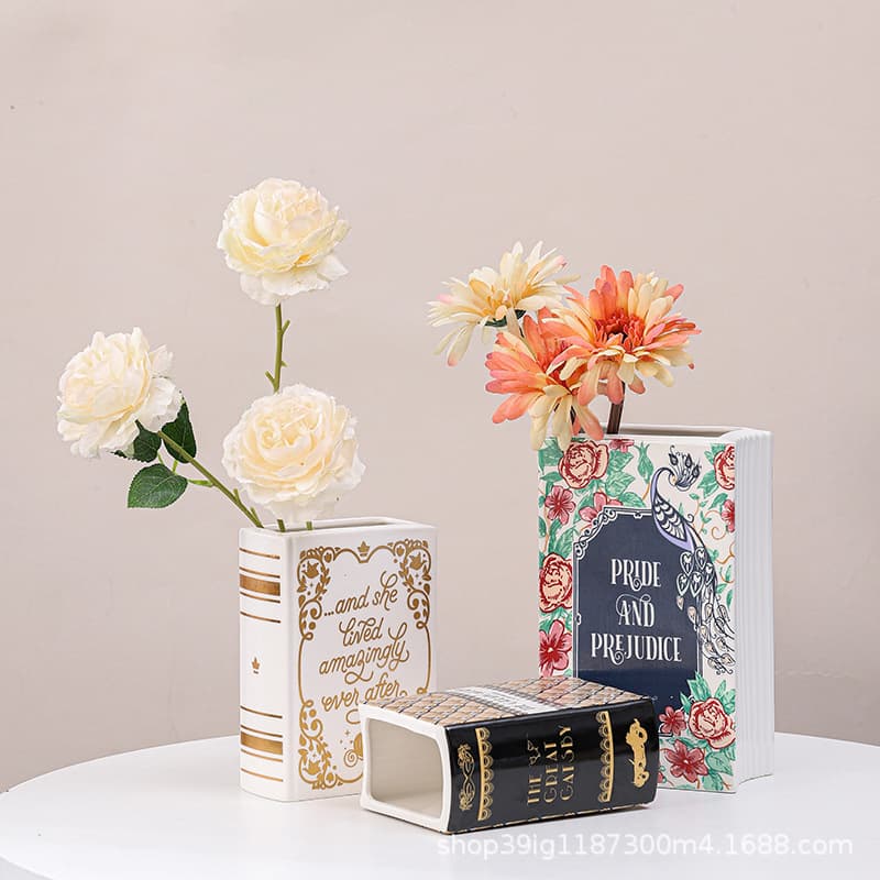 Ceramic Vase Flower Desktop Decoration Creative Home Personality Book-shaped Blue and White Porcelain Vessel Craft Ornament Amazon