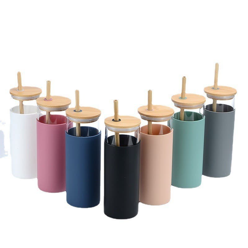 Amazon Cross-border Bamboo Wood Straw Cup with Bamboo Lid and Silicone Sleeve, Heat-insulated Glass Cup, Wholesale Custom Logo, High-temperature Resistant Water Cup