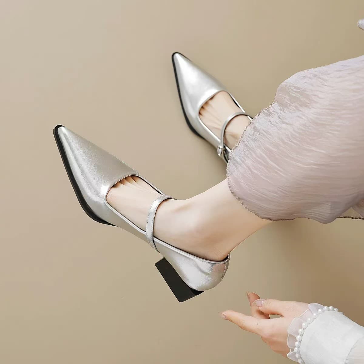 Wewe Lady French Pointed Toe Single Shoes Women Chunky Heel Strap High Heels Elegant Silver Mary Jane Shoes Summer Solid Color