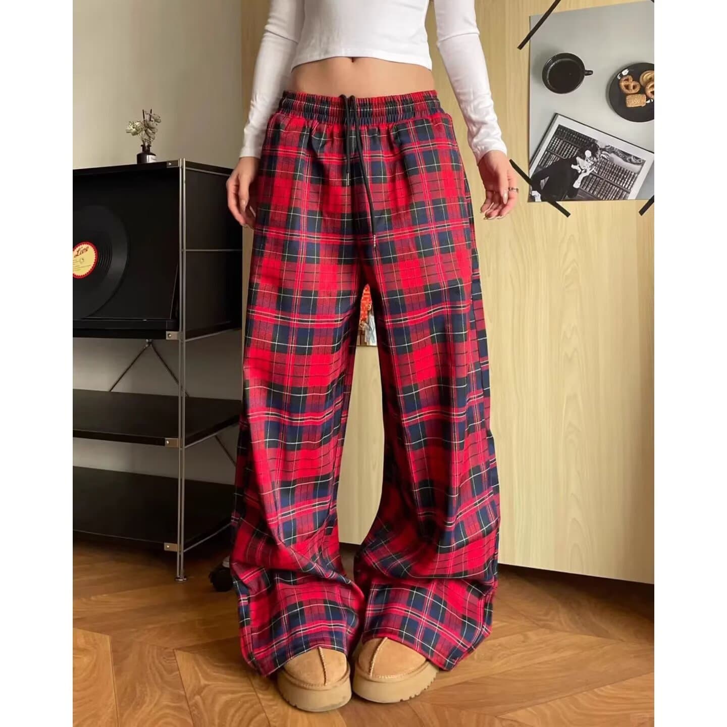 Lazy Style Red Plaid Casual Pants Unisex American Retro Street Sport Straight Loose Wide Leg Long Pants