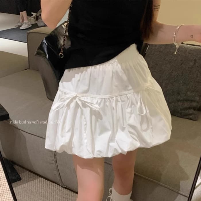 Large size design bow flower bud skirt for women in spring and summer, slightly fat, high-waisted and slim, A-line fluffy cake skirt