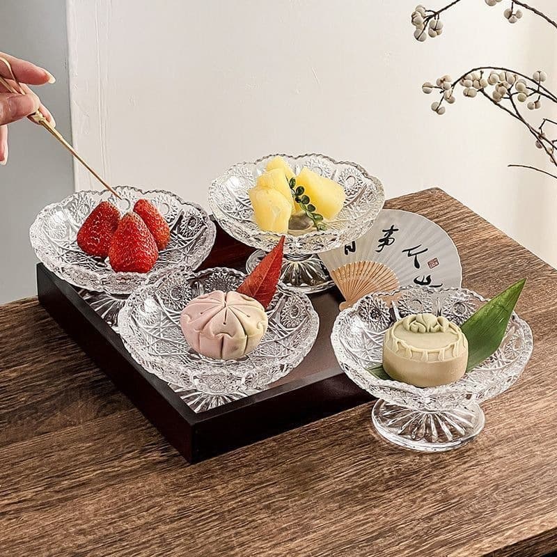 Glass Dried Fruit Plate Tall Fruit Plate Snack Plate Sugar Water Bowl Ice Cream Plate Set of 4 A41