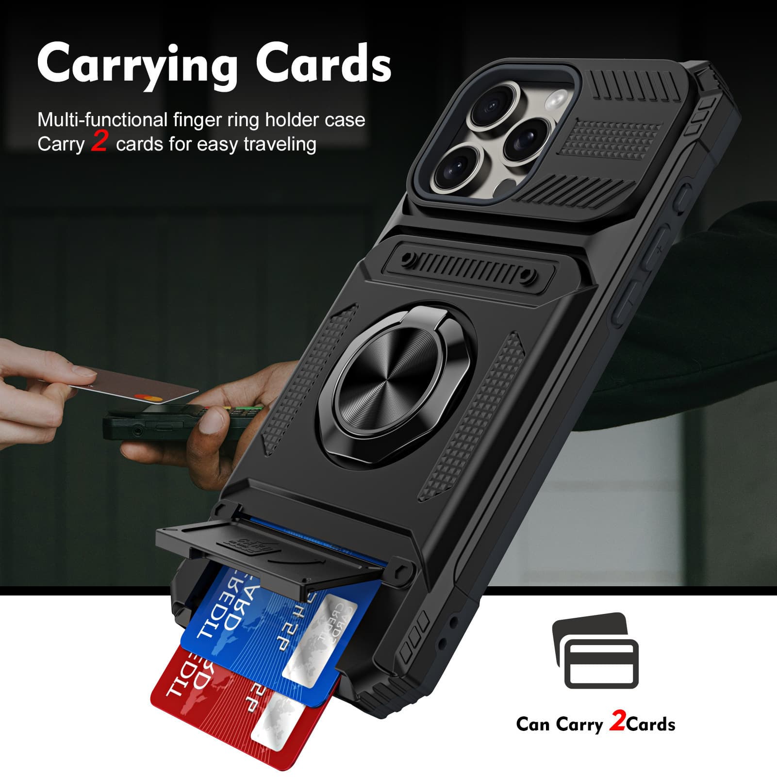Cross-border Compatible iPhone 16 Pro Max Phone Case with Card Slot Ring and Car Magnetic Holder, Apple 15 Anti-Drop