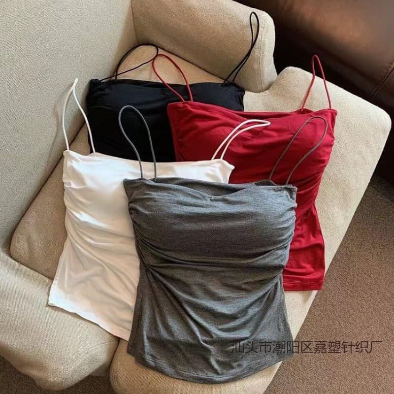 Hot Girl Pleated Camisole Vest for Women with Built-in Pads, Inner Wear or Outer Wear, Beautiful Back Thin Straps, Slimming Base Top for Women Summer