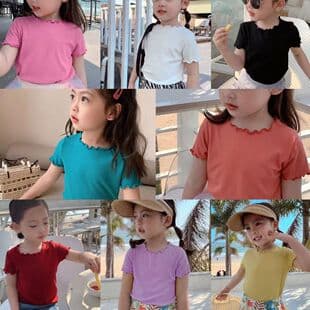 Ice Silk Short-Sleeve T-Shirt New Korean Style Girls Baby Summer Casual Striped Ruffle Trim Top for Toddlers and Kids