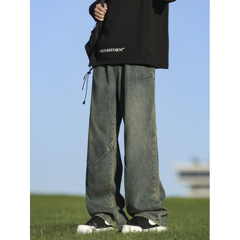 Men's Winter Straight Leg Jeans American Retro High Street Loose Wide Leg Pants Trendy Casual Straight Leg Trousers