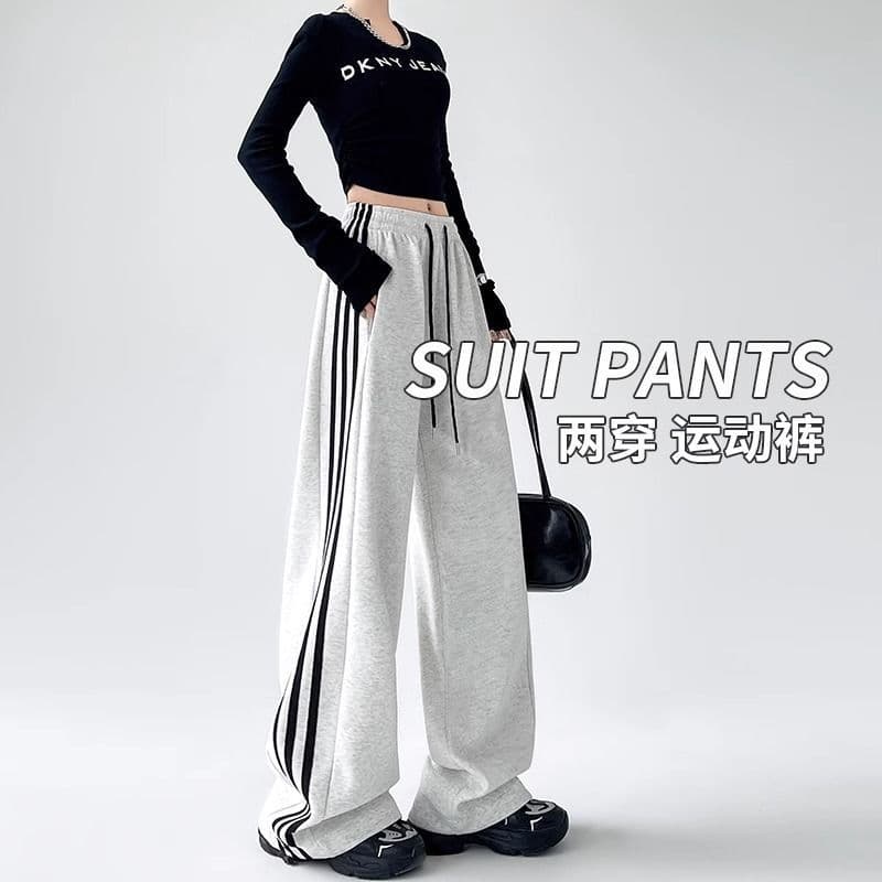 American Style Women's Sweatpants 2026 New Spring/Fall Loose Straight Casual Fleece-Lined Striped Wide-Leg Pants for Petite