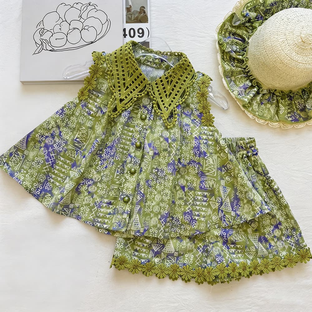 Girls Summer Floral Sleeveless Hollow-Out Collared Top Set 2026 Trendy Geometric Print Shorts Two-Piece Set Fashionable