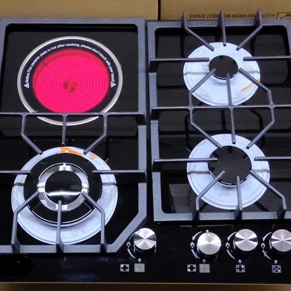 4-burner gas stove with 1 electric ceramic hob + 3 gas burners, dual fuel, drop shipping available.