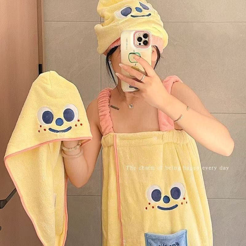 Cute Wearable Bathrobe Quick-Dry Bath Skirt for Women, All-in-One Set with Towel, Hair Wrap, and Bath Towel for Dorm Use