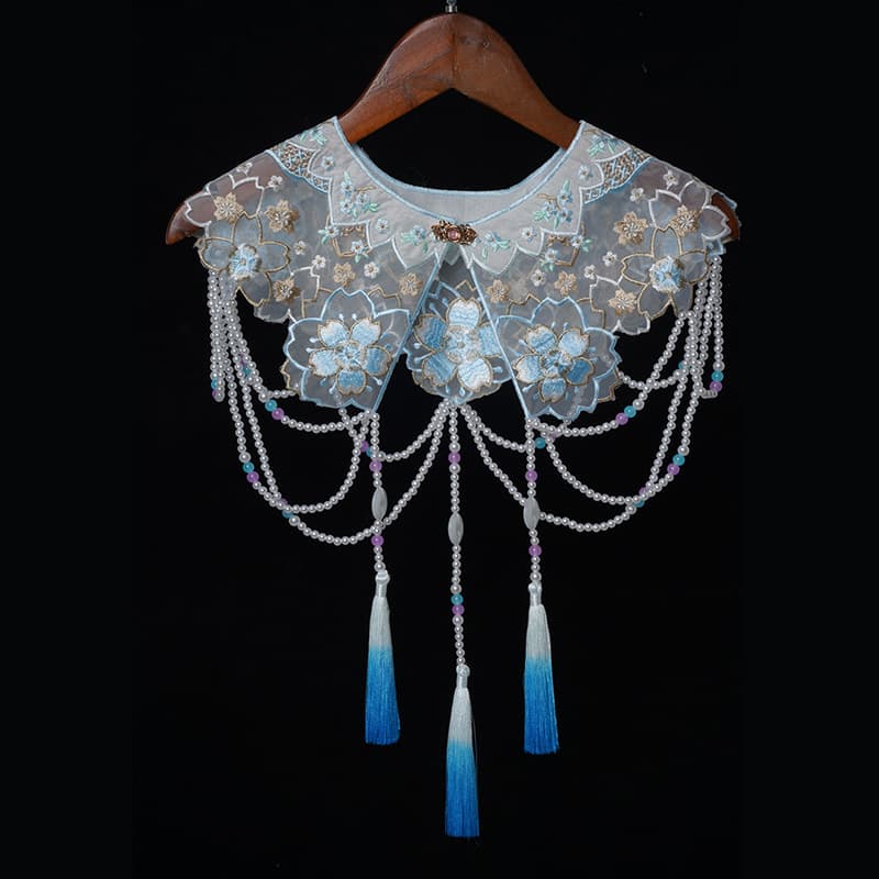 Blue Hanfu Cloud Collar, New Chinese-style 2025 New Decorative Detachable Collar for Women, Tassel Dress Small Shawl Vest, Traditional Style