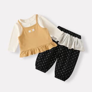 Girl Autumn New Korean Style Suspender Simple Undershirt Infant Waist Patch Pinafore Polka Dot Jogger Pants Three-Piece Set