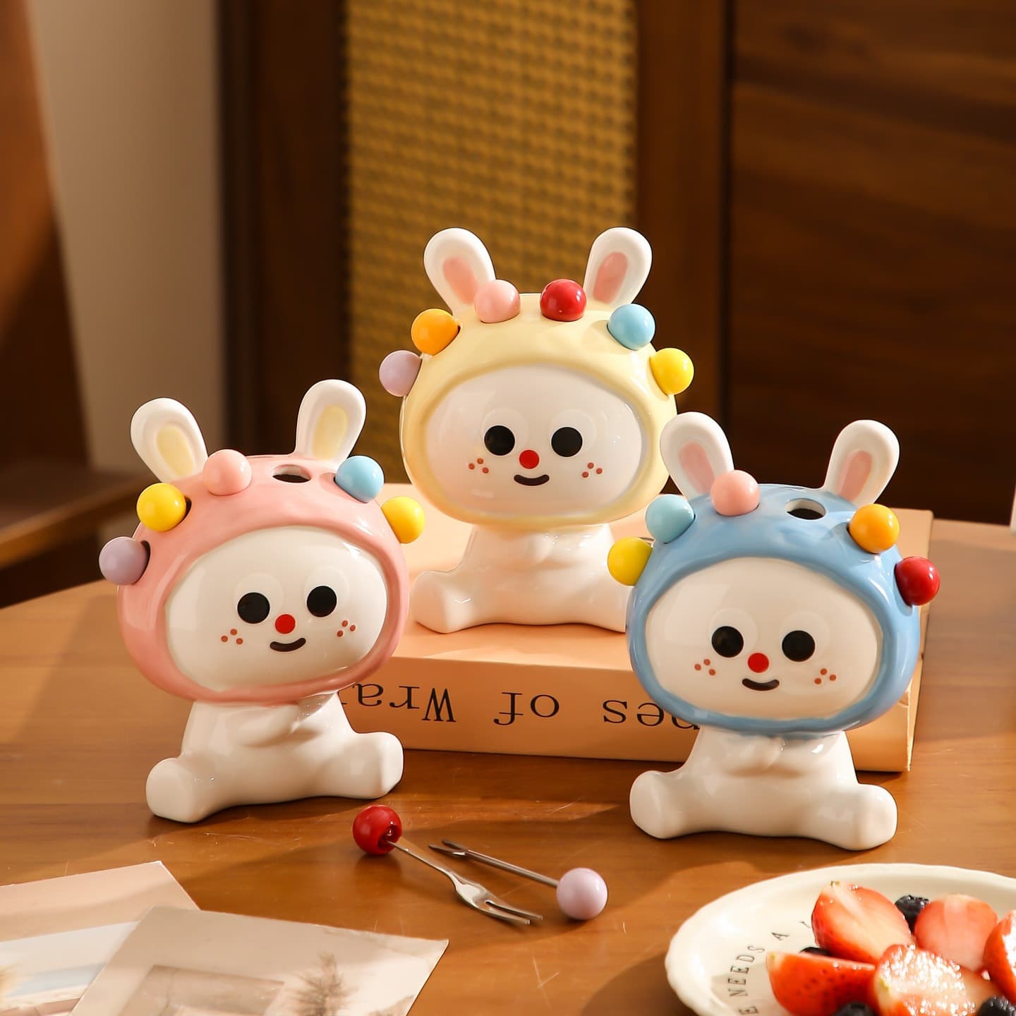 Creative Fruit Fork Set Home Stainless Steel Fork Storage Jar Ceramic Fruit Fork Storage Box High Appearance Dessert Fork