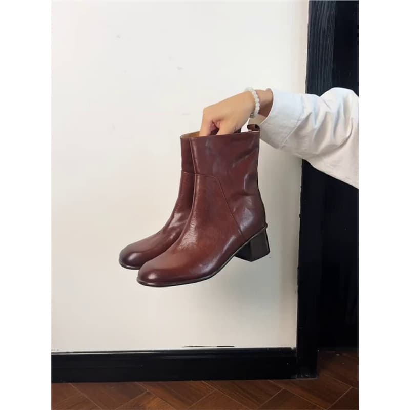 Sheepskin Edition~ Autumn Winter Versatile British Style Side Zipper Chelsea Boots for Women, Retro Genuine Leather Round Toe Chunky Heel Ankle Boots