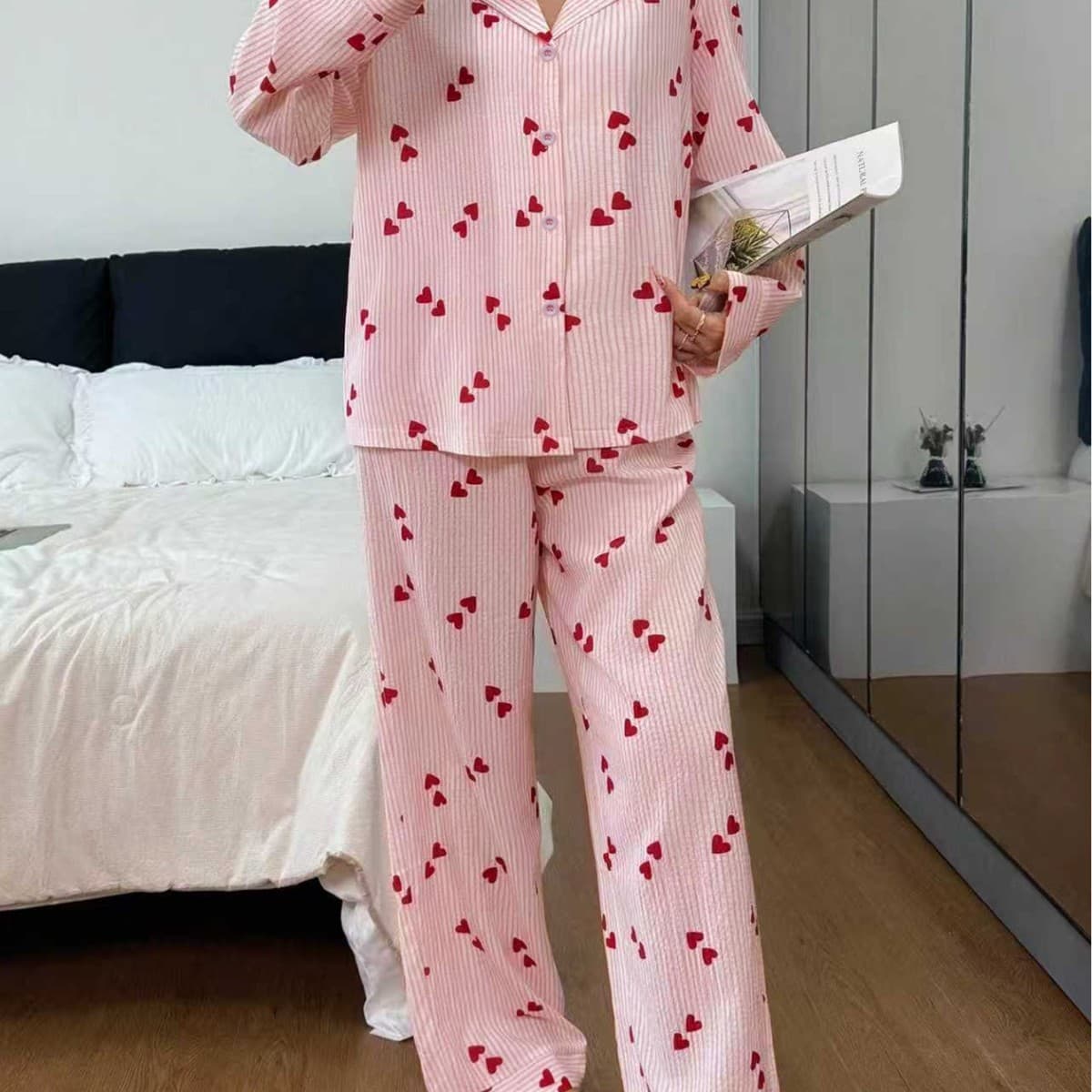2026 Cross-border Amazon Spring/Summer Striped Heart Print Long Sleeve Top and Pants Set Comfortable Fashion Casual Women's Loungewear