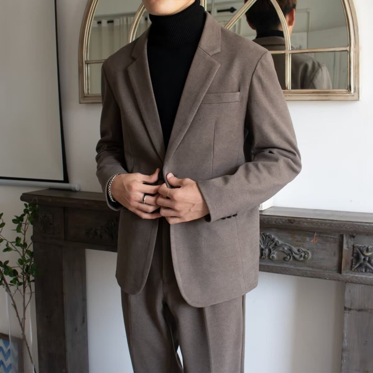 Men's Casual Blazer for Fall/Winter, Slim Fit Korean Style Wool Suit Jacket and Trousers Set, Business Top and Pants