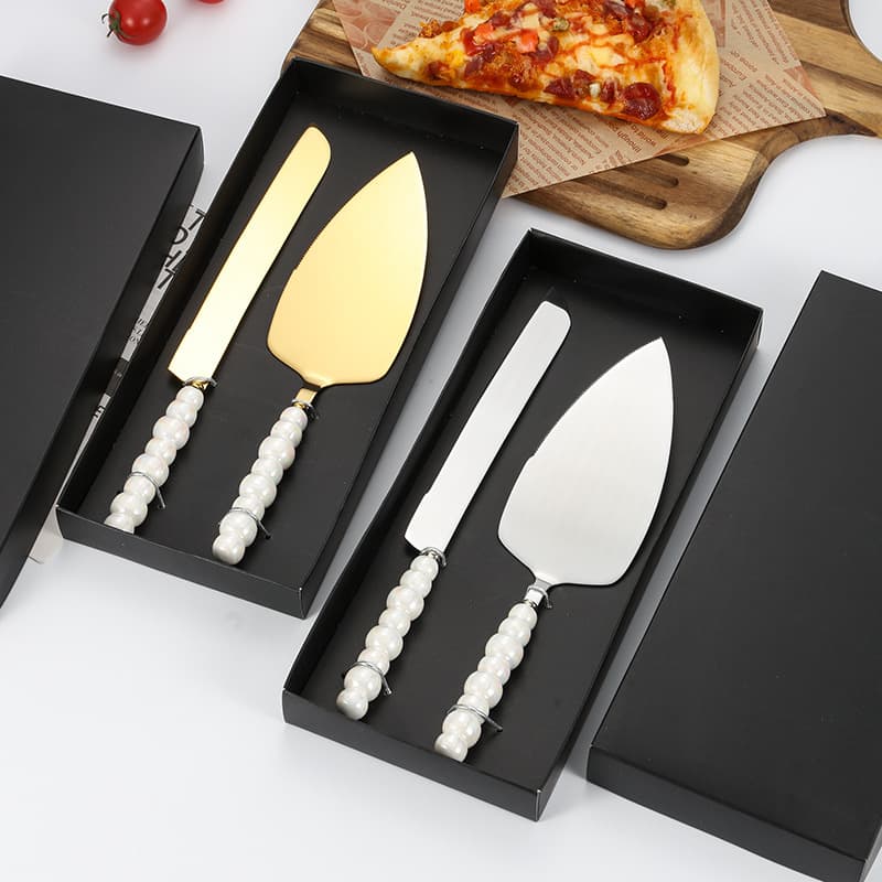 Amazon Light Luxury Stainless Steel Pearl Ceramic Handle Cake Knife and Server Set Pizza Cutter Dessert Fork Wedding