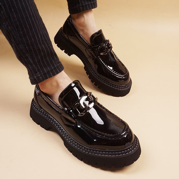 Spring and Autumn Season Men's Patent Leather Round-Toe Thick-Soled Korean-Style Leather Shoes, Wedding Shoes, Height-Increasing Casual Shoes, Platform Shoes